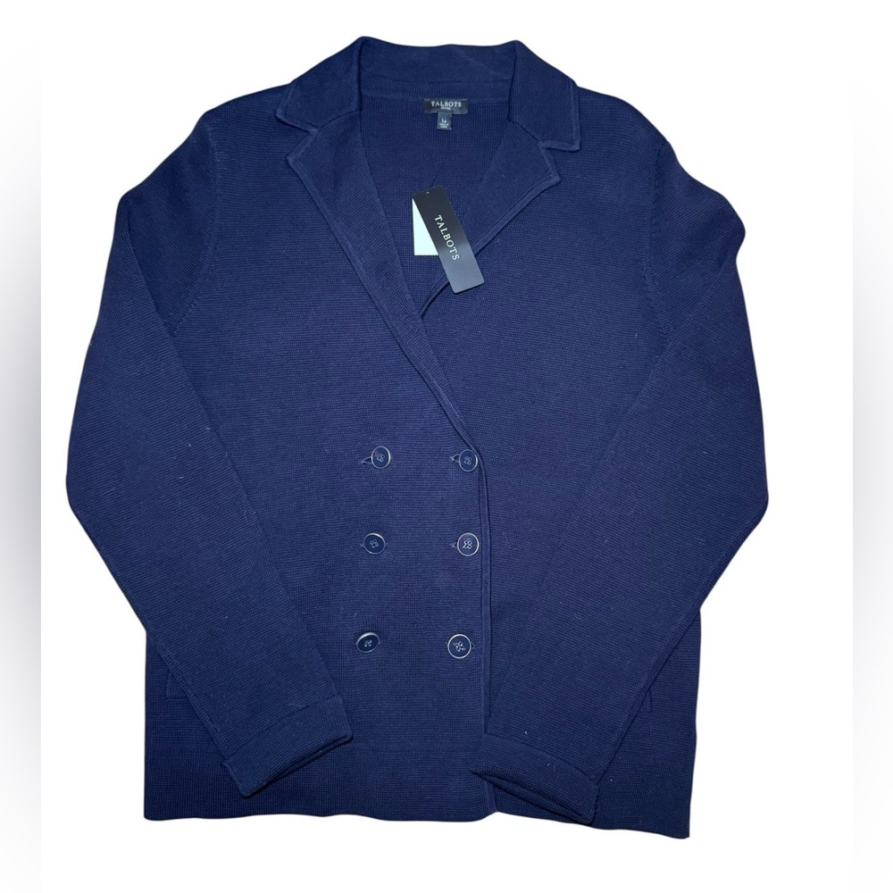 NWT Talbots NavyNautical Preppy Double Breasted Knit Sweater Blazer Large Petite